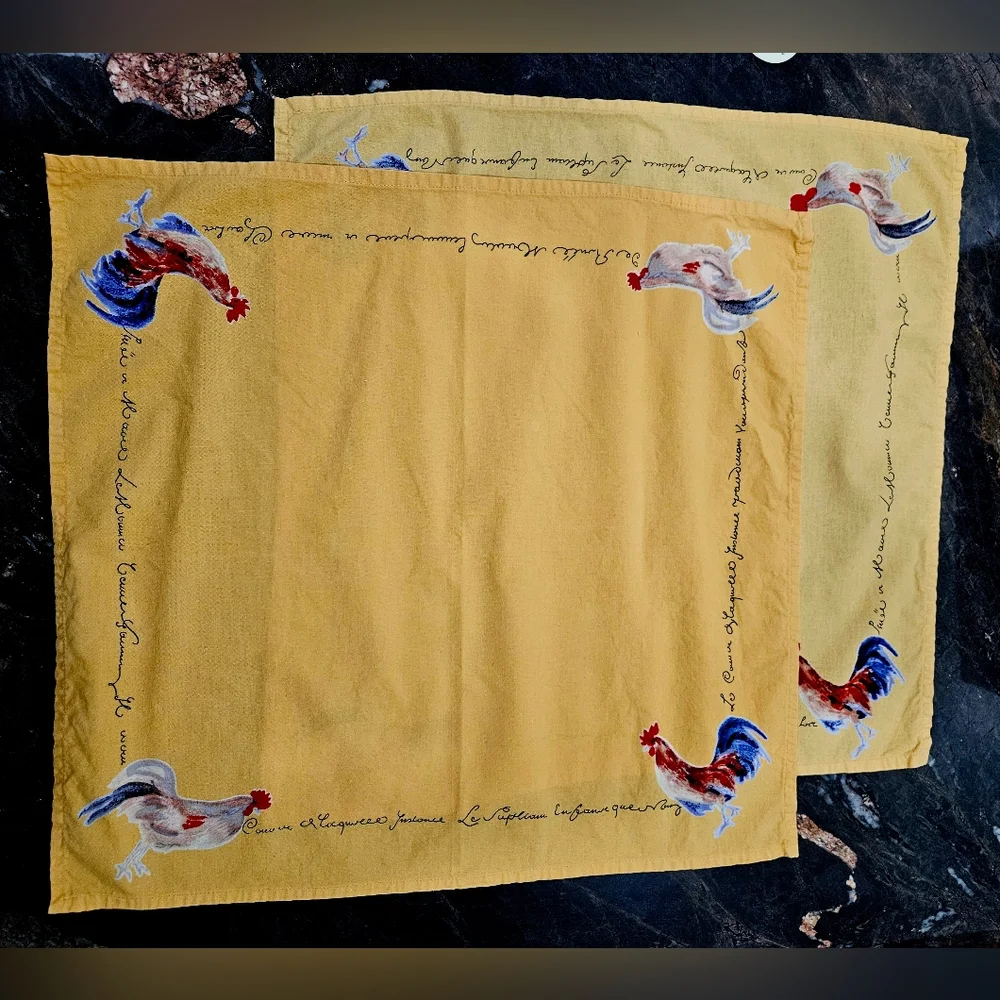 WILLIAMS SONOMA 6 piece set Rooster placemats napkins olive oil gift bag yellow